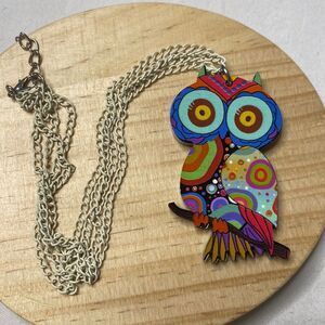 Colorful Owl Necklace, Pendant Red‎ Blue Fashion Art 1.25 inch Beige 18 in Chain